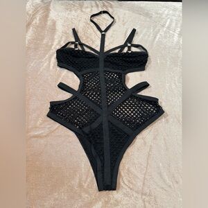 Black Fishnet Strappy Rave Bodysuit Harness Style Festival